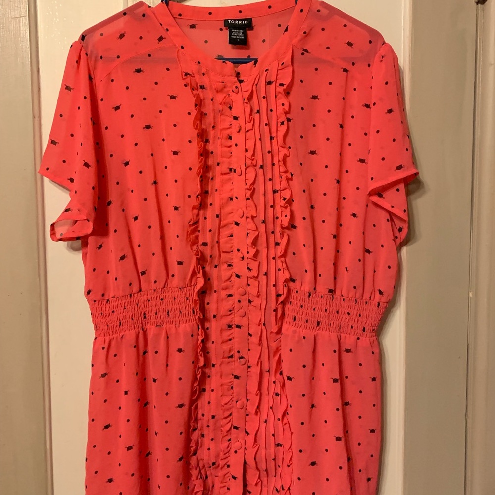 Torrid Pink sheer cat and polka dot top